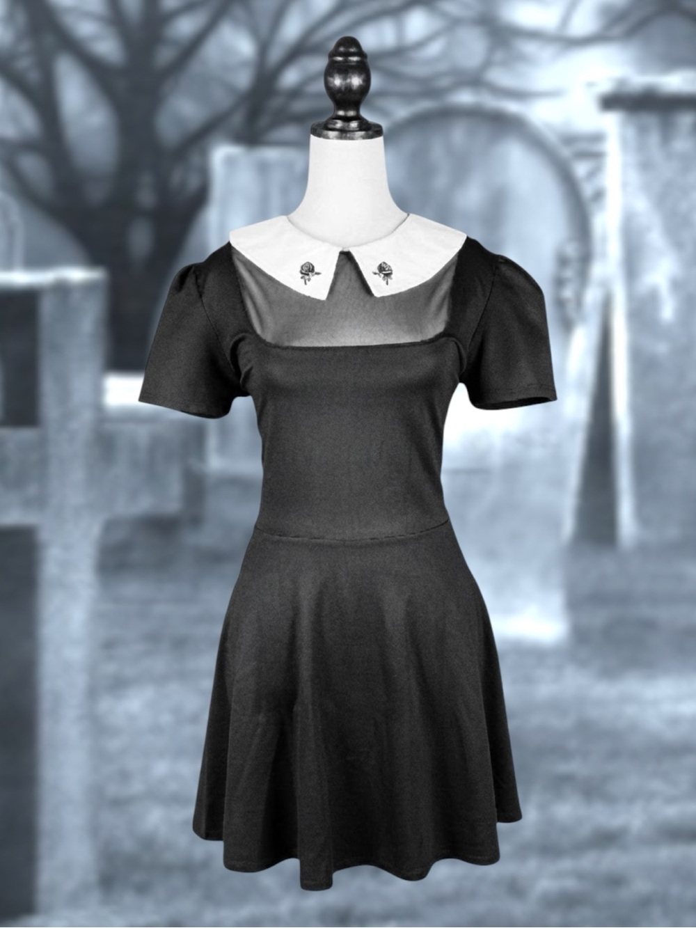 Dolls Kill Widow Skater Dress Black White Collar Rose Embroidered Mesh Goth 1X